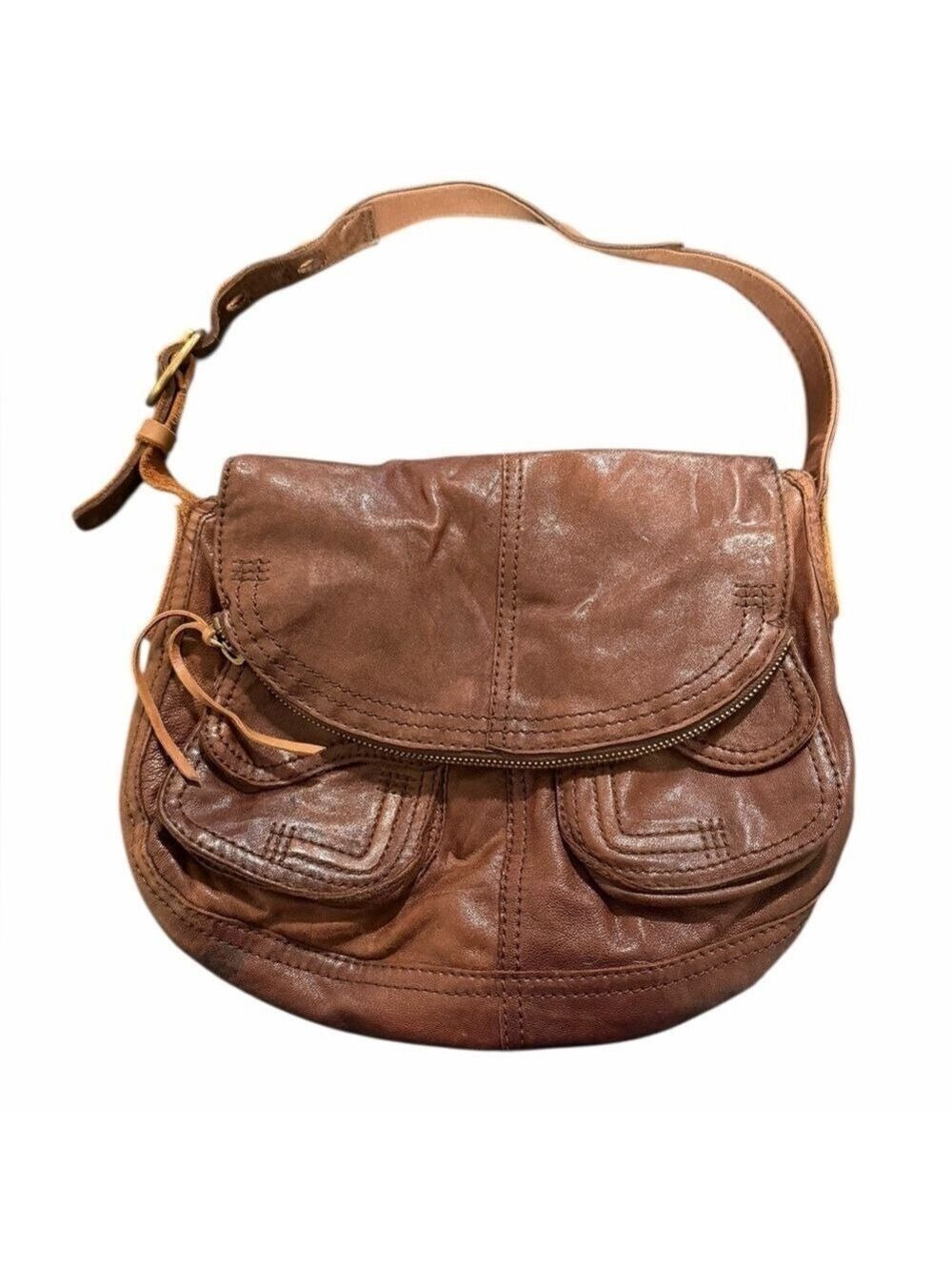 Lucky Brand Stash Hobo Shoulder Bag Genuine Lamb Distressed Whiskey Brown Boho